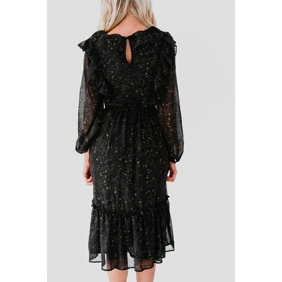 NWOT By The River Star Print Shirred Chiffon Ruffle Midi Long Sleeve Dress Black - Picture 7 of 11